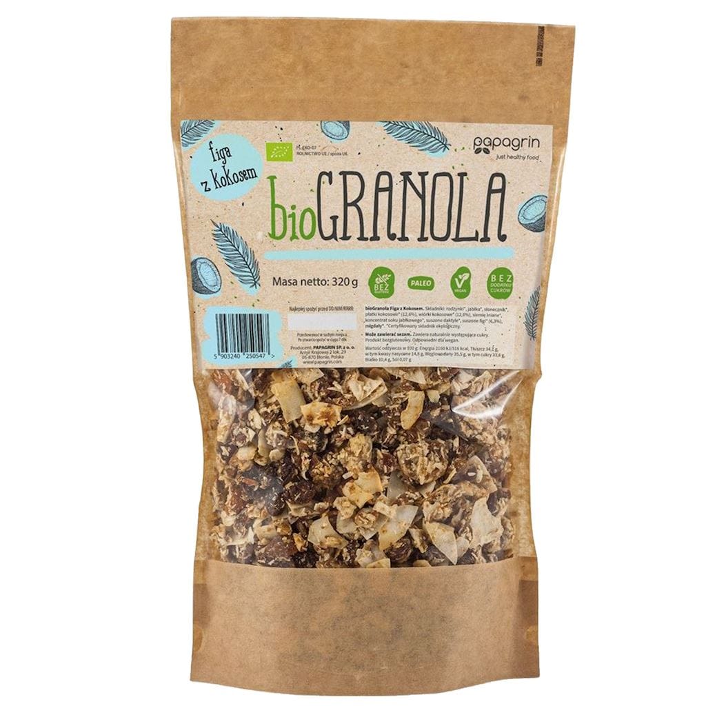 GRANOLA FIGA Z KOKOSEM BEZ DODATKU CUKR&Oacute;W BEZGLUTENOWA BIO 320 g - PAPAGRIN