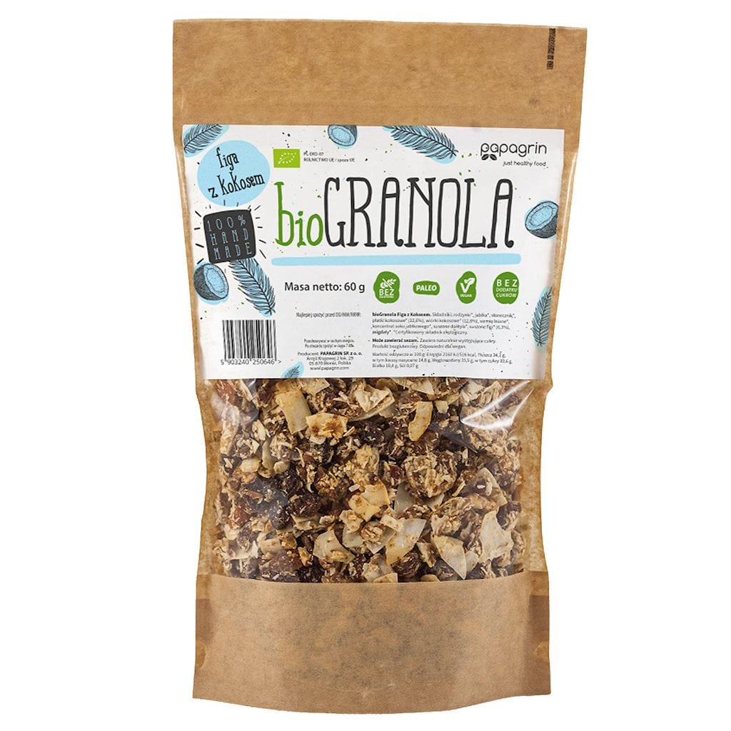 GRANOLA FIGA Z KOKOSEM BEZ DODATKU CUKR&Oacute;W BEZGLUTENOWA BIO 60 g - PAPAGRIN