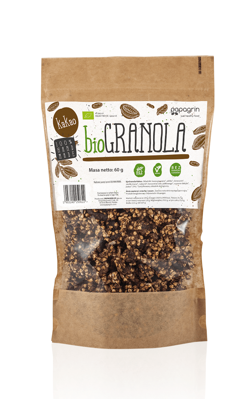 GRANOLA Z KAKAO BEZ DODATKU CUKR&Oacute;W BEZGLUTENOWA BIO 60 g - PAPAGRIN
