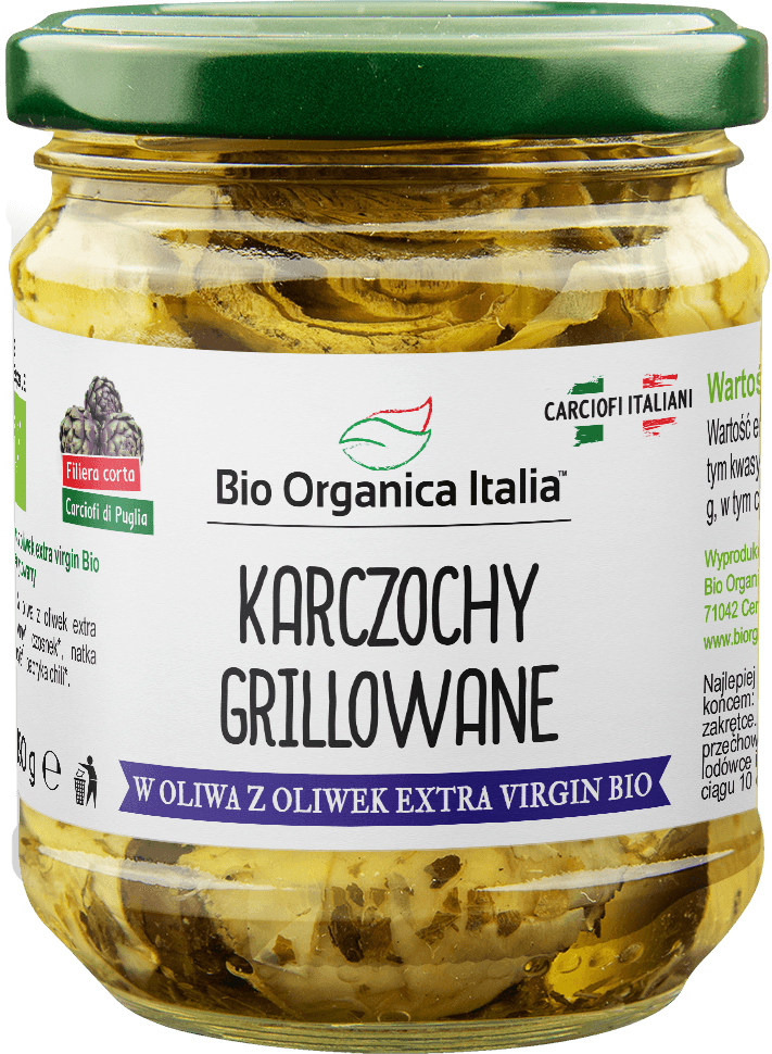 KARCZOCHY GRILLOWANE Z OLIWĄ Z OLIWEK EXTRA VIRGIN BIO 190 g (SŁOIK) - BIO ORGANICA ITALIA