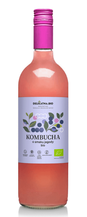 KOMBUCHA O SMAKU JAGODY BIO 750 ml - DELIKATNA (ZAKWASOWNIA)