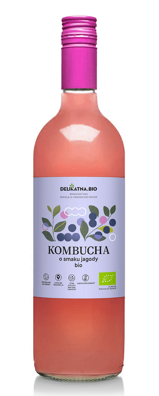 KOMBUCHA O SMAKU JAGODY BIO 750 ml - DELIKATNA (ZAKWASOWNIA)