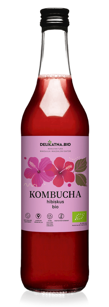 KOMBUCHA Z HIBISKUSEM BIO 500 ml - DELIKATNA (ZAKWASOWNIA)