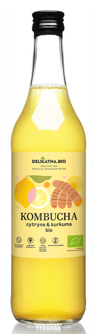 KOMBUCHA Z KURKUMĄ I CYTRYNĄ BIO 500 ml - DELIKATNA (ZAKWASOWNIA)