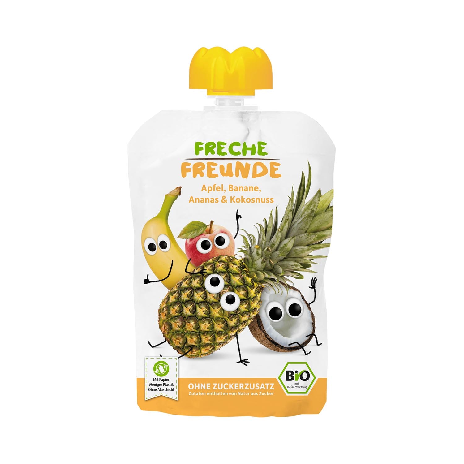 MUS JABŁKO - BANAN - ANANAS - KOKOS BEZ DODATKU CUKR&Oacute;W BEZGLUTENOWY OD 6 MIESIĄCA BIO 100 g - FRECHE FREUNDE