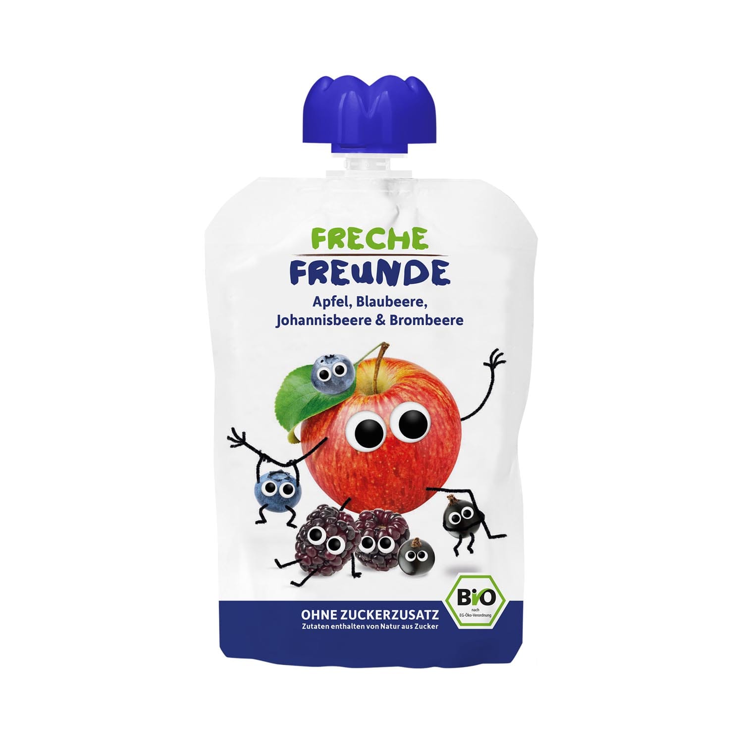 MUS JABŁKO - JAGODA - CZARNA PORZECZKA - JEŻYNA BEZ DODATKU CUKR&Oacute;W BEZGLUTENOWY OD 6 MIESIĄCA BIO 100 g - FRECHE FREUNDE