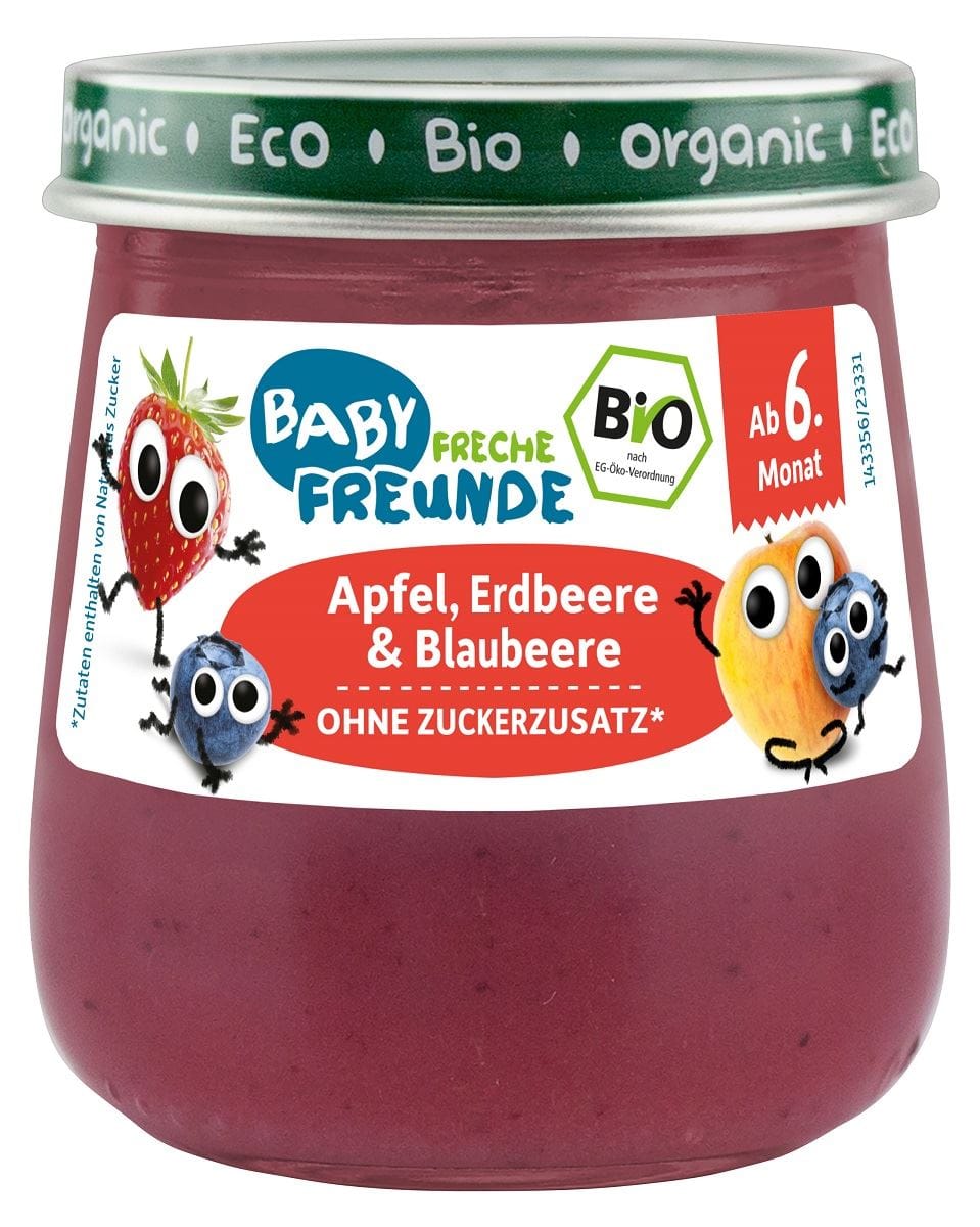 MUS JABŁKO - TRUSKAWKA - JAGODA BEZ DODATKU CUKR&Oacute;W BEZGLUTENOWY OD 6 MIESIĄCA BIO 120 g - FRECHE FREUNDE