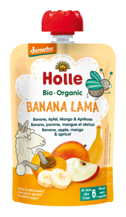 MUS W TUBCE BANANOWA LAMA (BANAN - JABŁKO - MANGO - MORELA) BEZ DODATKU CUKR&Oacute;W OD 6 MIESIĄCA DEMETER BIO 100 g - HOLLE