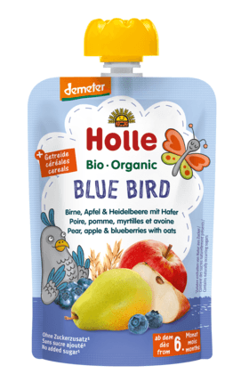 MUS W TUBCE NIEBIESKI PTAK (GRUSZKA - JABŁKO - JAGODA - OWIES) BEZ DODATKU CUKR&Oacute;W OD 6 MIESIĄCA DEMETER BIO 100 g - HOLLE