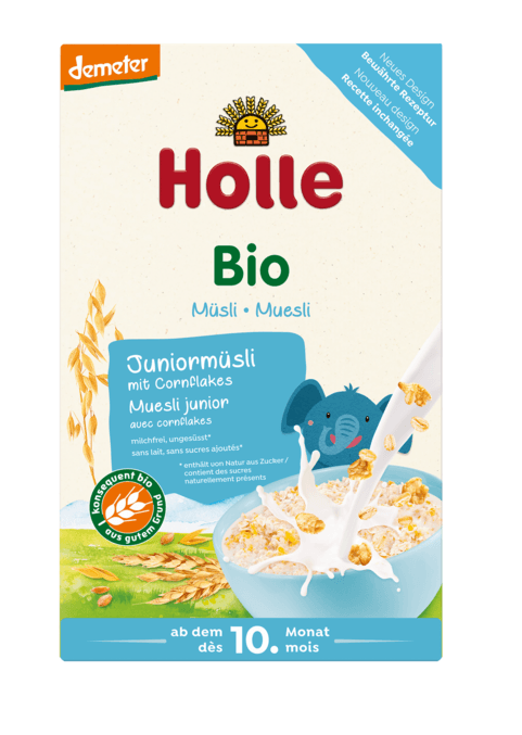 MUSLI JUNIOR Z PŁATKAMI KUKURYDZIANYMI BEZ DODATKU CUKR&Oacute;W OD 10 MIESIĄCA DEMETER BIO 250 g - HOLLE