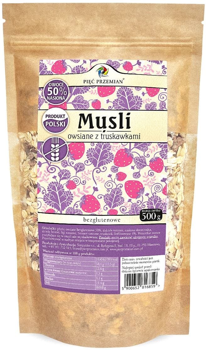 MUSLI OWSIANE TRUSKAWKOWE BEZ DODATKU CUKR&Oacute;W BEZGLUTENOWE 500 g - PIĘĆ PRZEMIAN