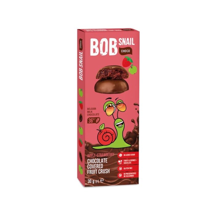PRZEKĄSKA CHOCO JABŁKO - TRUSKAWKA W MLECZNEJ CZEKOLADZIE BIELGIJSKIEJ BEZ DODATKU CUKRU BEZGLUTENOWA 30 g - BOB SNAIL