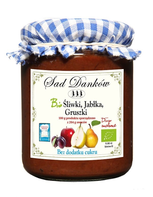 ŚLIWKA - JABŁKO - GRUSZKA BEZ DODATKU CUKRU BIO 270 g - SAD DANK&Oacute;W