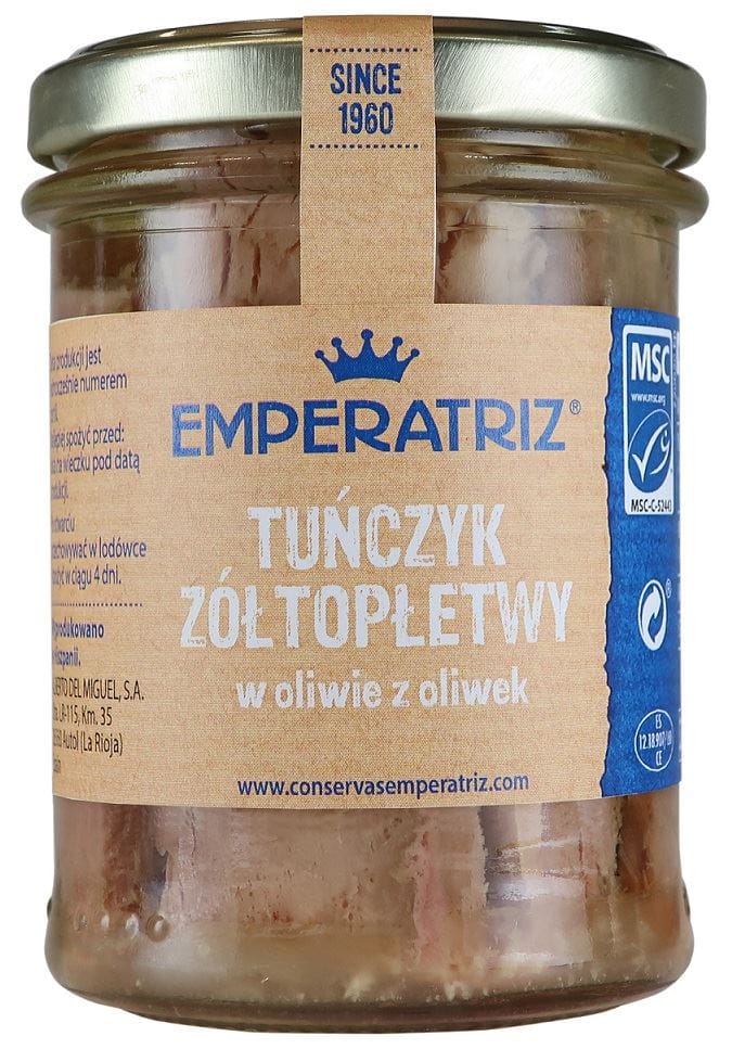 TUŃCZYK Ż&Oacute;ŁTOPŁETWY FILETY MSC W OLIWIE Z OLIWEK 200 g (130 g) (SŁOIK) - EMPERATRIZ